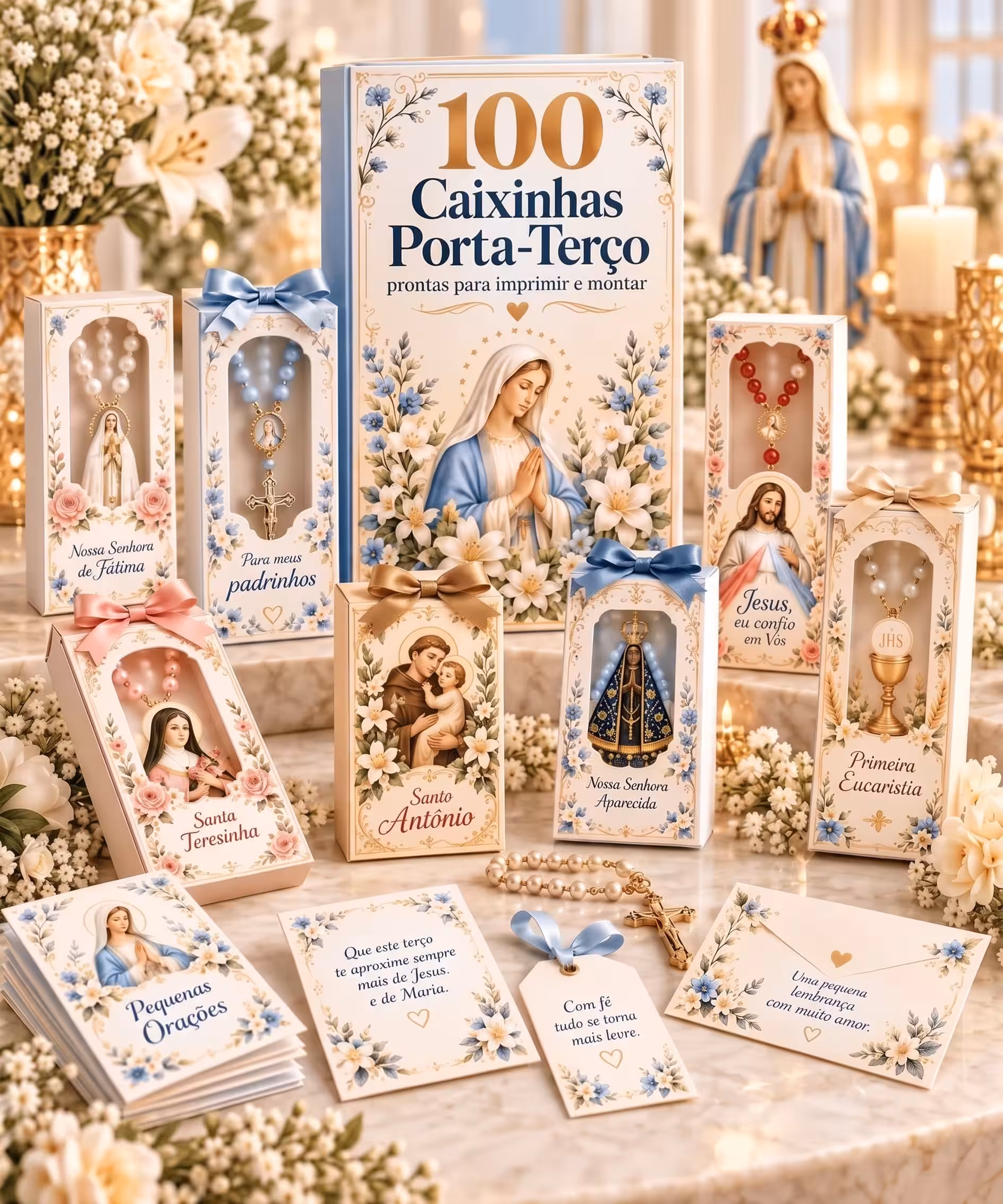 Caixinhas porta-terço de Aparecida, Batismo, Primeira Comunhão, Crisma, São José e Santa Teresinha com mini terços