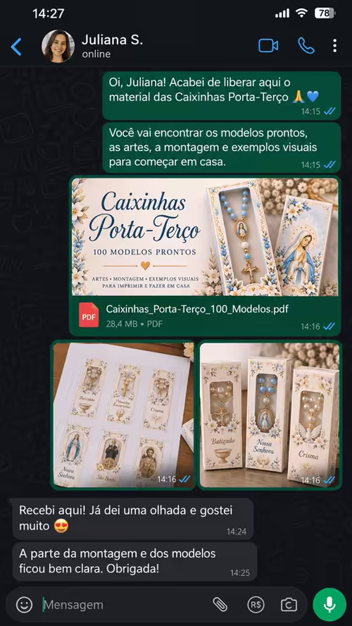 Mensagem de cliente 2 elogiando as caixinhas porta-terço
